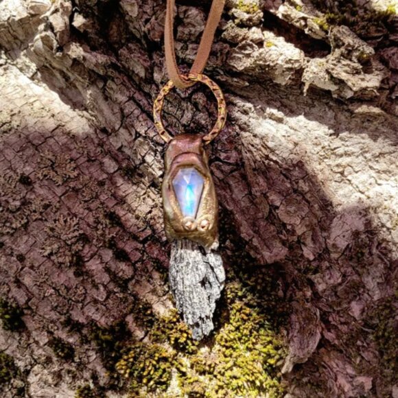 Handmade Jewelry - Black kyanite coffin rainbow moonstone witch pendant